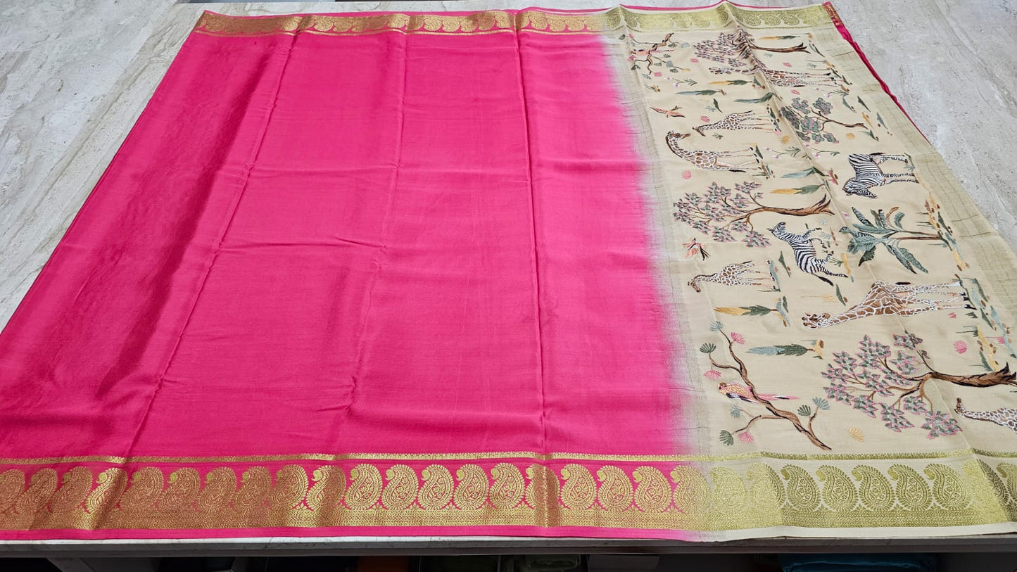 PURE MYSORE CREPE SILK SAREES WITH PALLU AND BLOUSE EMBROIDERY