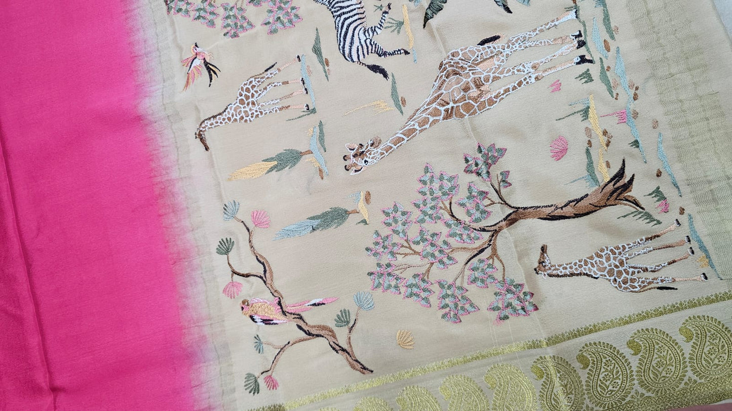 PURE MYSORE CREPE SILK SAREES WITH PALLU AND BLOUSE EMBROIDERY