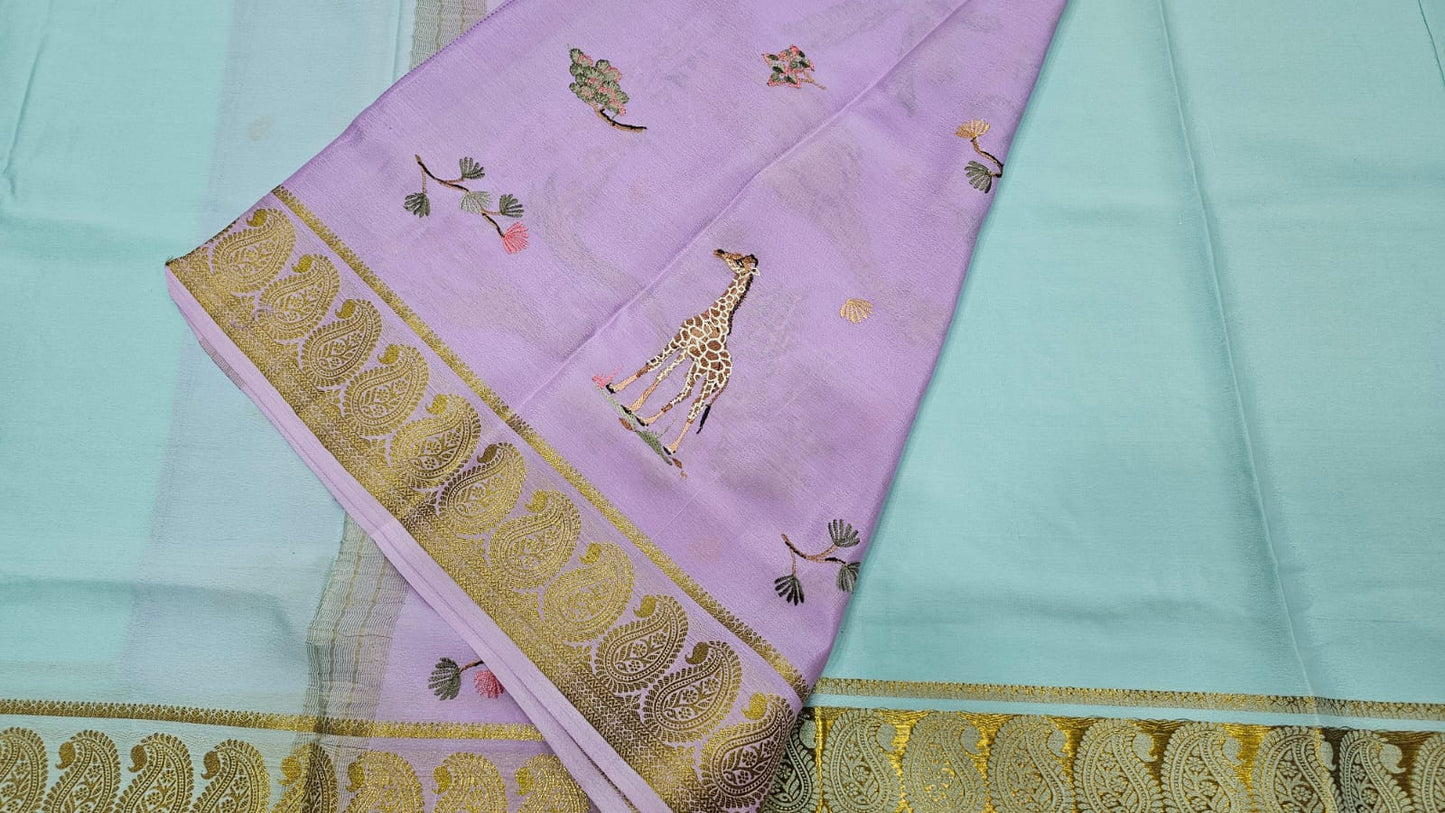 PURE MYSORE CREPE SILK SAREES WITH PALLU AND BLOUSE EMBROIDERY