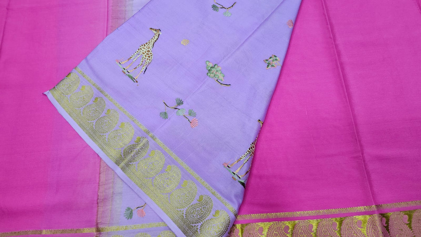 PURE MYSORE CREPE SILK SAREES WITH PALLU AND BLOUSE EMBROIDERY