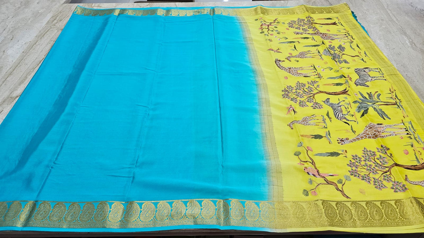 PURE MYSORE CREPE SILK SAREES WITH PALLU AND BLOUSE EMBROIDERY
