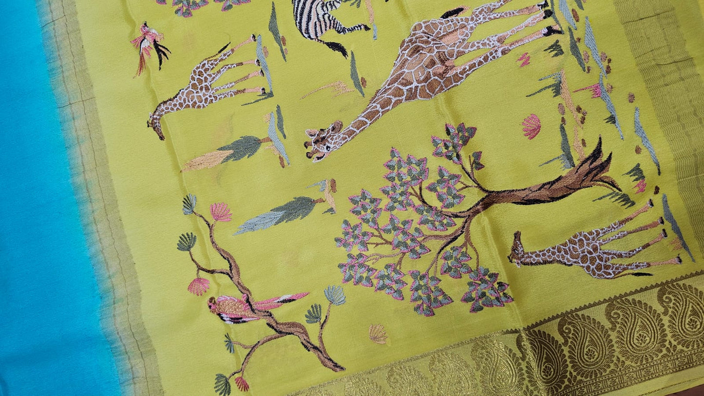 PURE MYSORE CREPE SILK SAREES WITH PALLU AND BLOUSE EMBROIDERY