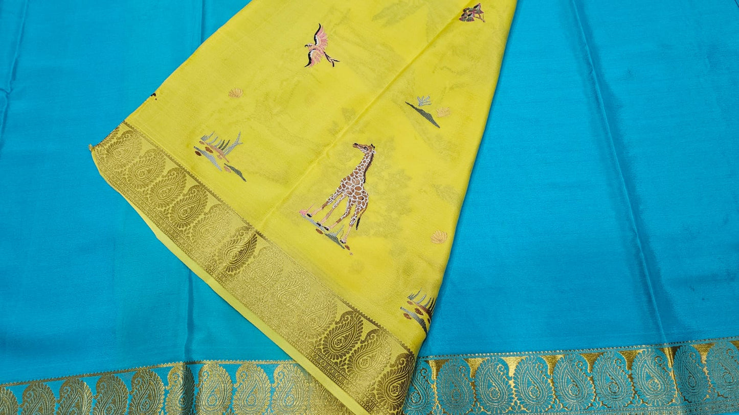 PURE MYSORE CREPE SILK SAREES WITH PALLU AND BLOUSE EMBROIDERY