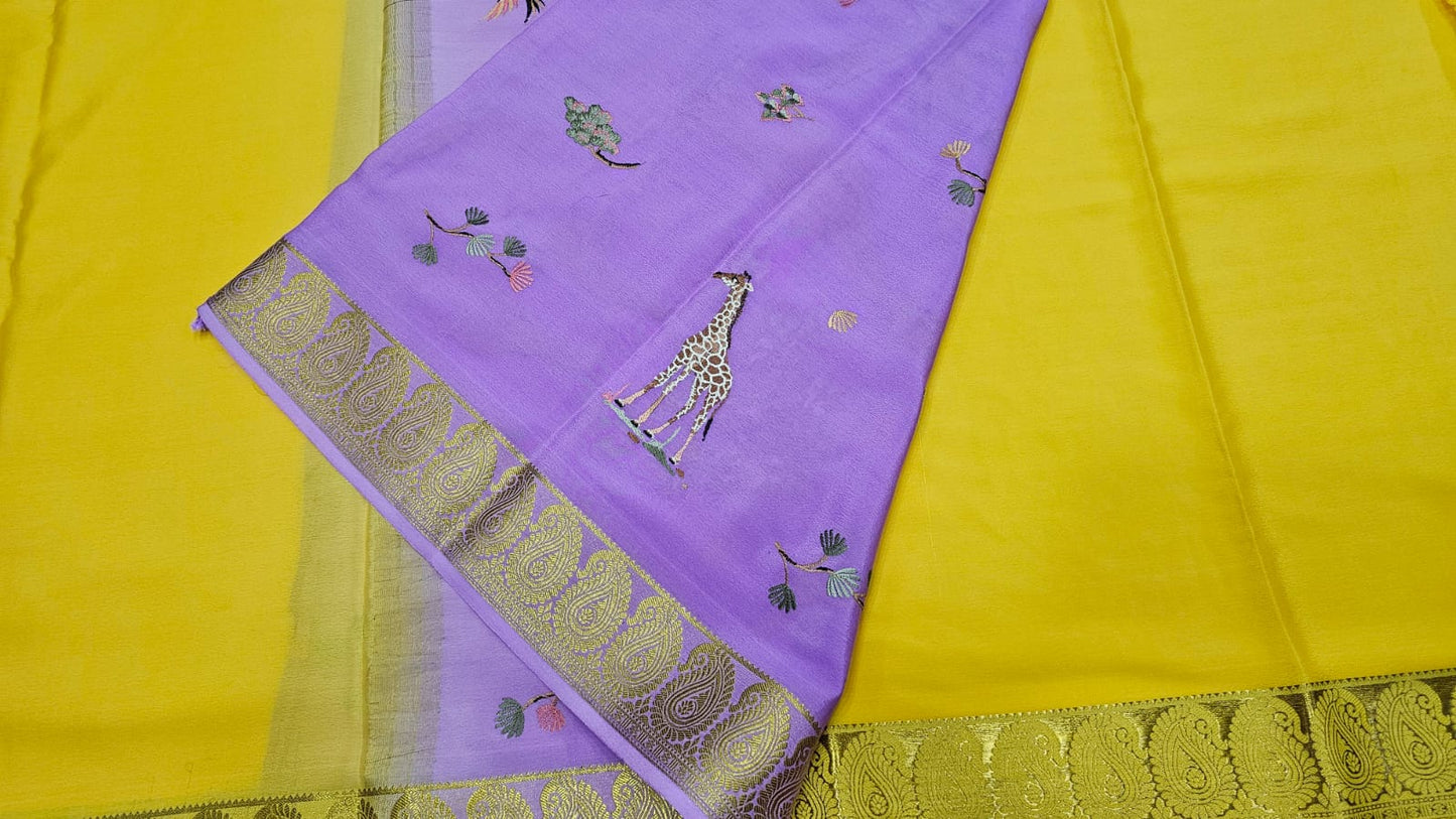 PURE MYSORE CREPE SILK SAREES WITH PALLU AND BLOUSE EMBROIDERY