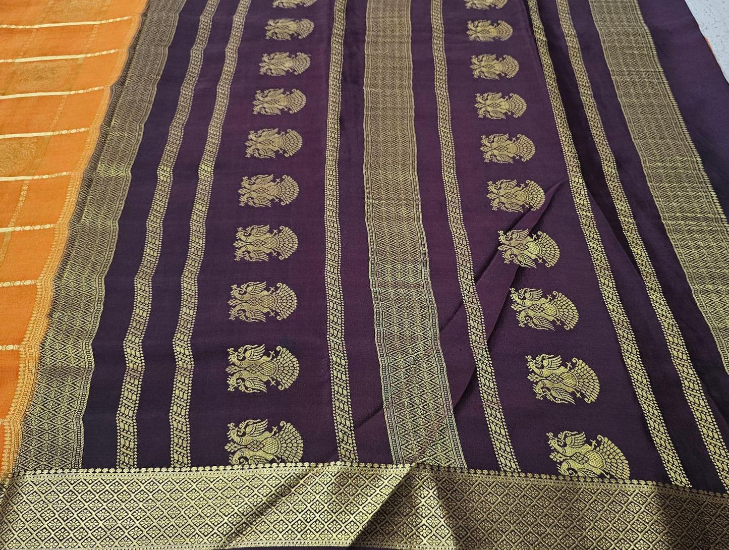 PURE MYSORE CREPE SILK SAREES CHECKS WITH GANDABERUNDA BUTTA