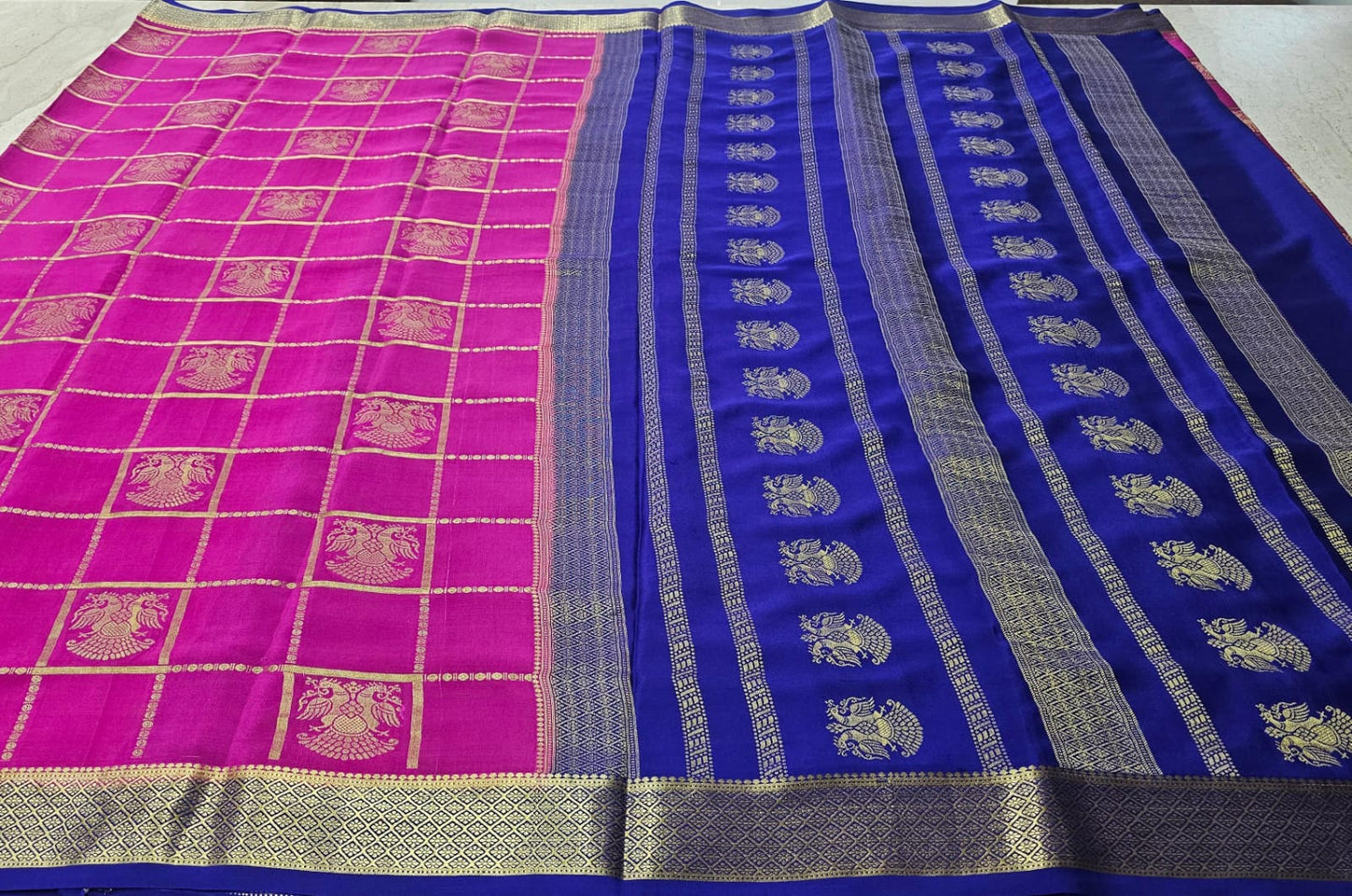PURE MYSORE CREPE SILK SAREES CHECKS WITH GANDABERUNDA BUTTA