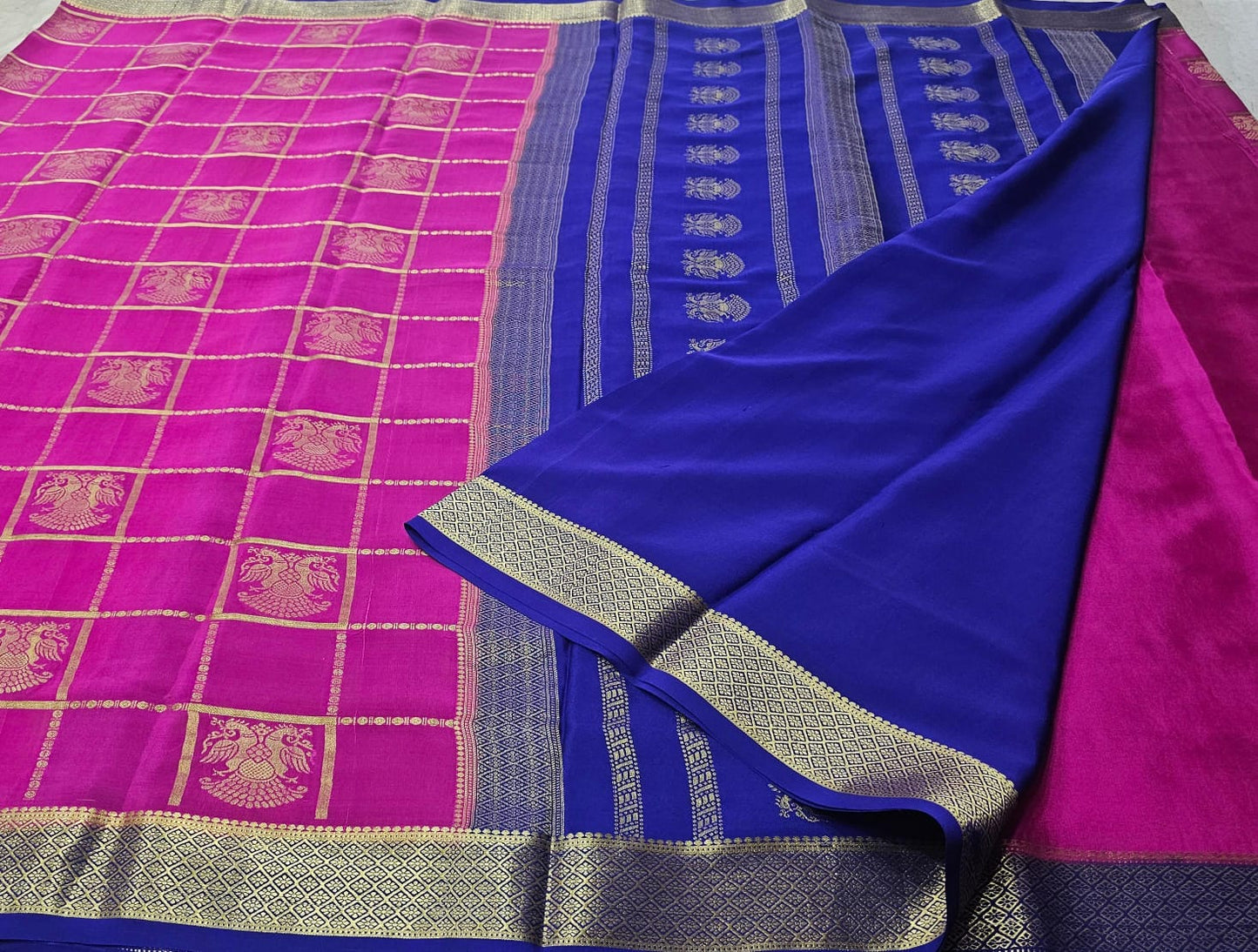 PURE MYSORE CREPE SILK SAREES CHECKS WITH GANDABERUNDA BUTTA