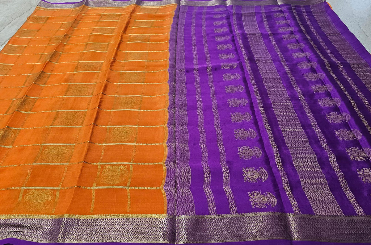 PURE MYSORE CREPE SILK SAREES CHECKS WITH GANDABERUNDA BUTTA