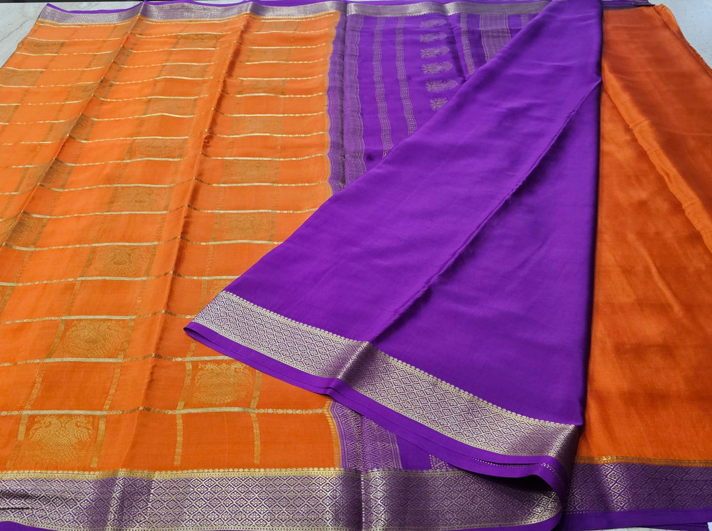 PURE MYSORE CREPE SILK SAREES CHECKS WITH GANDABERUNDA BUTTA