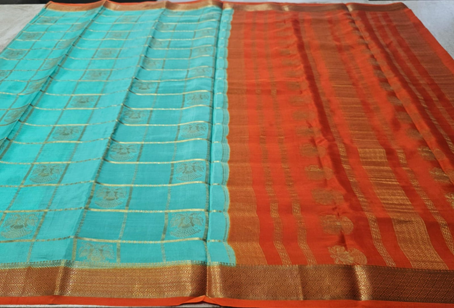 PURE MYSORE CREPE SILK SAREES CHECKS WITH GANDABERUNDA BUTTA