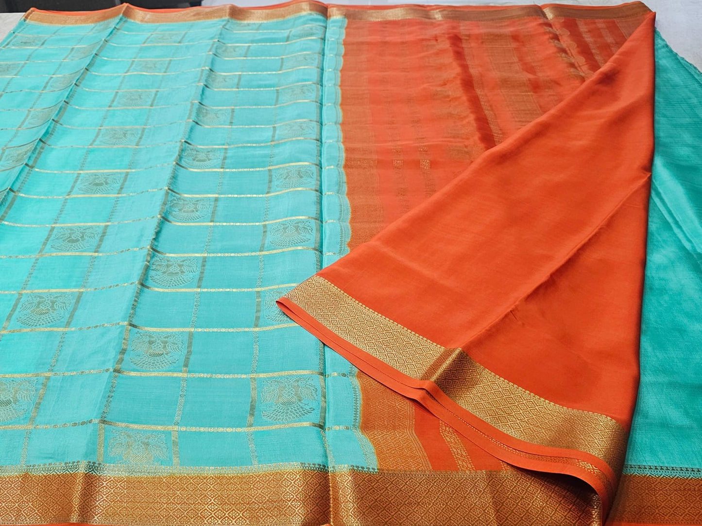 PURE MYSORE CREPE SILK SAREES CHECKS WITH GANDABERUNDA BUTTA