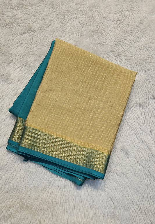 Mysore crepe silk saree with KSIC Finish in rama green bige half and half checks pattern