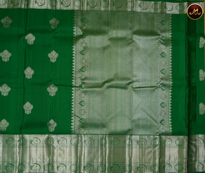 Kanchivaram Handloom Pure Silk in Butta Pattern in All Self Leaf green with Silver Zari long Border and Rich Pallu