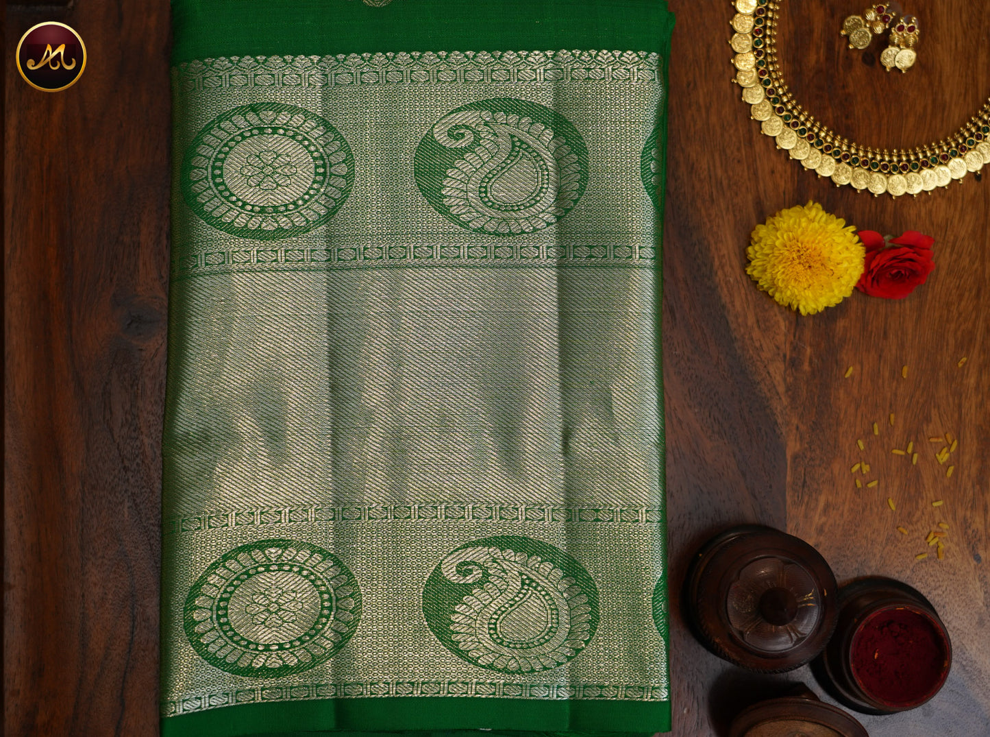 Kanchivaram Handloom Pure Silk in Butta Pattern in All Self Leaf green with Silver Zari long Border and Rich Pallu