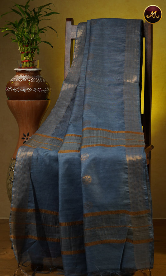 Bhagelpuri Cotton Saree in allself grey with golden zari butta and border