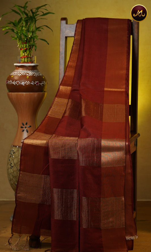 Bhagelpuri Cotton Saree in allself maroon  and golden zari border