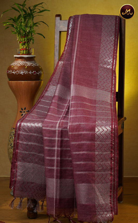 Bhagelpuri Cotton Saree in allself rustic maroon  and thread checks allover the body and silver border