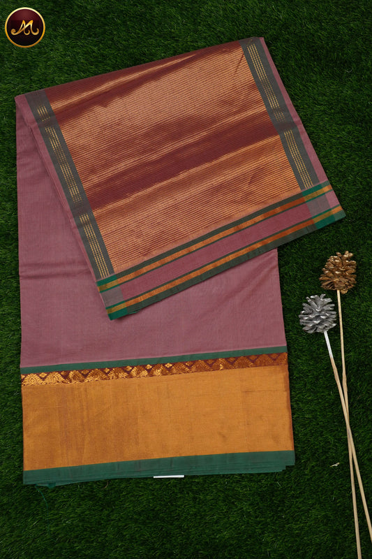 Pure Cotton by Cotton handloom saree in Lavender and Contrast Rich Green Pallu and  border
