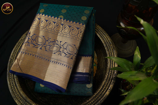 Kanchivaram Semi Silk  Saree in Dark blue and navy blue combination with emboss and motif work and Kanchi border