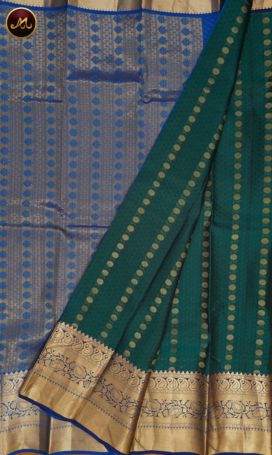 Kanchivaram Semi Silk  Saree in Dark blue and navy blue combination with emboss and motif work and Kanchi border
