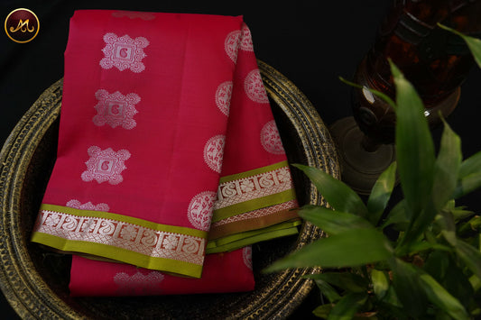 Kanchivaram Semi Silk Saree in Pleasant Red and mehendi Green combination with  motifs  and Small border