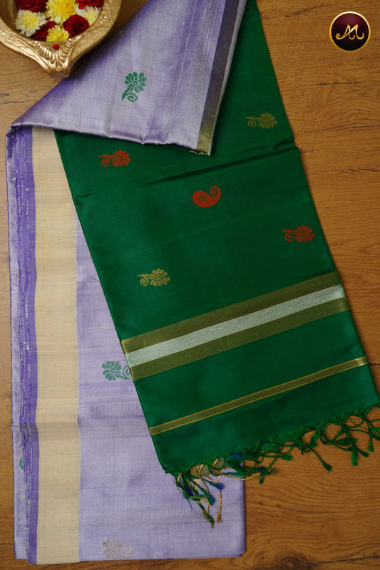 Raw Silk Saree in Lavender and Bottle Green combination with buttas and soft Silk pallu