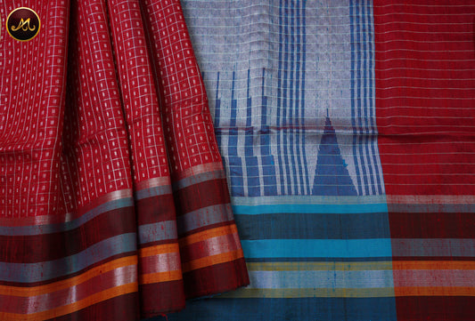 Raw Silk Saree in Red and Peacock Blue Combination With Checks and Border