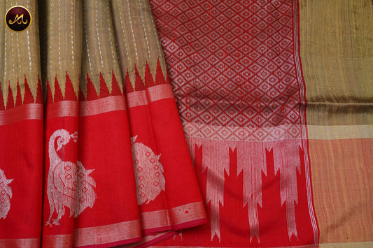 Raw Silk Saree in Beige and Red Combination With Strips and Motif Border
