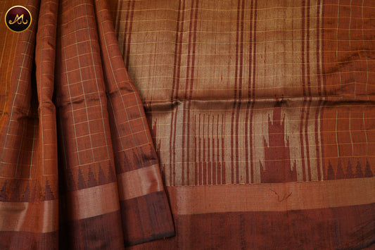 Raw Silk Saree in Rusty Brown and Chocolate brown Combination With Checks and temple weave
