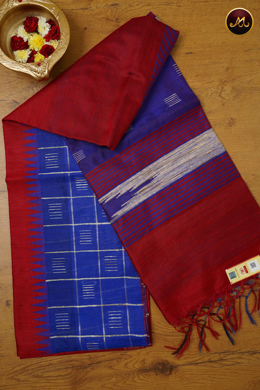 Raw Silk Saree in Red and Royal Blue Combination With  Silk Butta and Checks Border