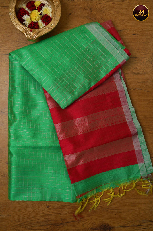 Raw Silk Saree in Parrot Green and red Combination With Checks and Pencil Border