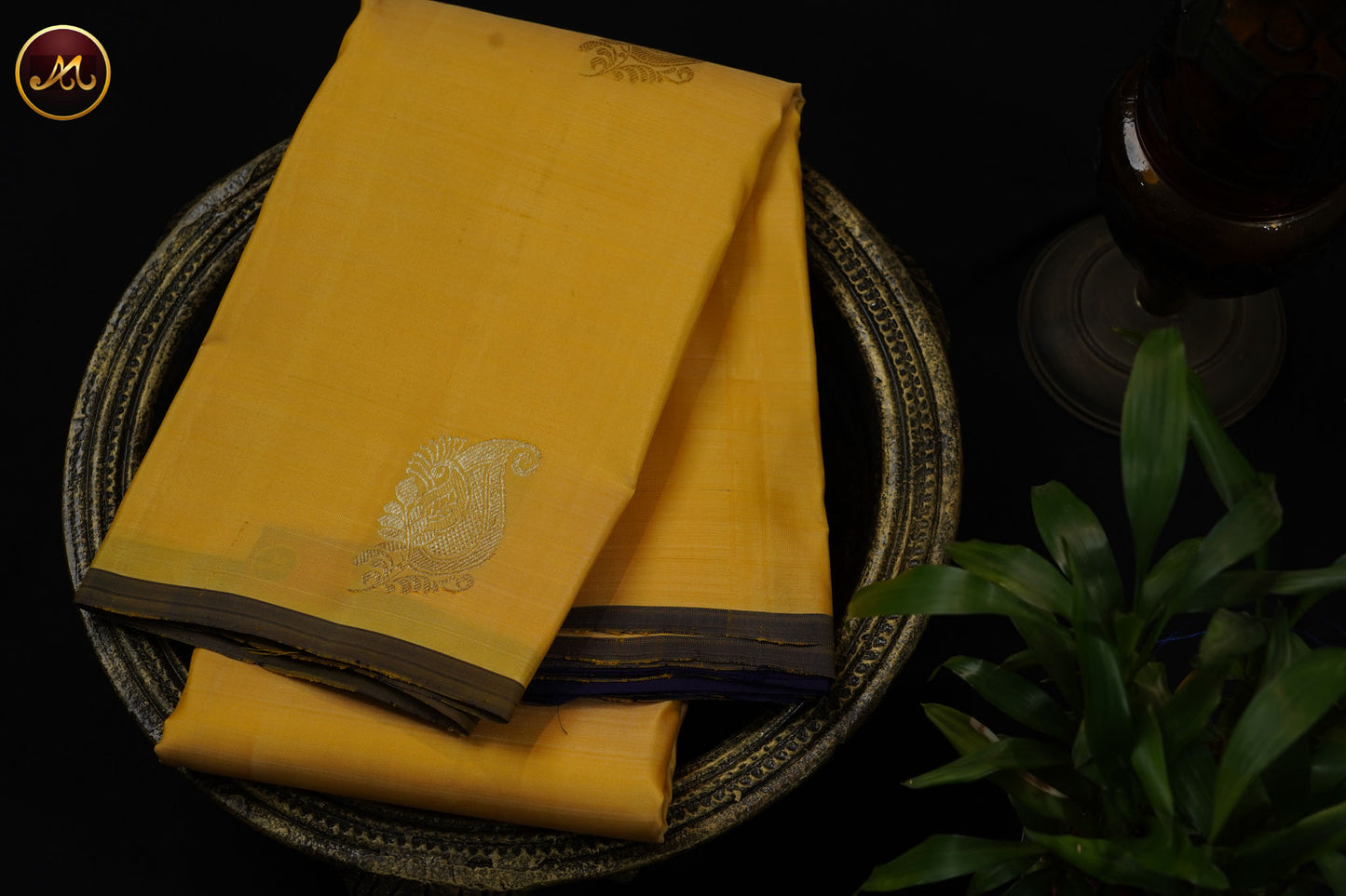 Kanchivaram Silk Saree in Yellow and navy Blue Combination with Silver and Gold Zari Motifs