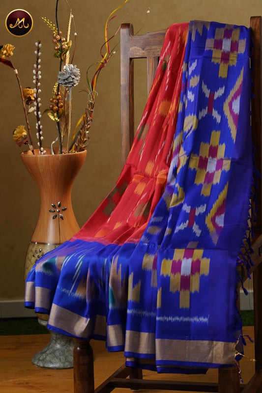 Pochampally Soft Silk Brick red with royal Blue