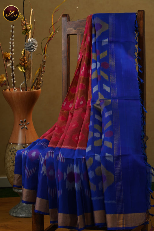 Pochampally Soft Silk Light Brown with Royal Blue