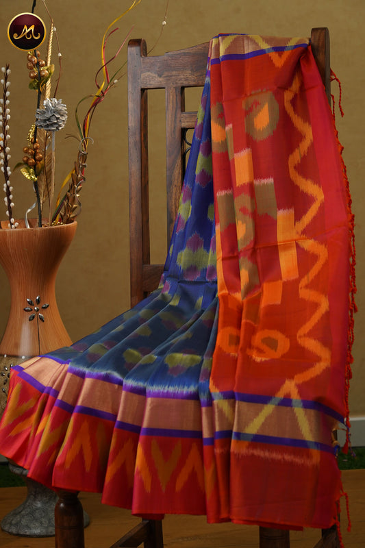 Pochampally Soft Silk Dark Ash Blue with peach