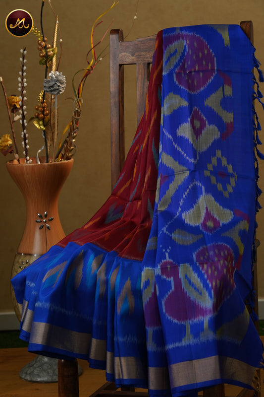 Pochampally Soft Silk Brown with Royal Blue