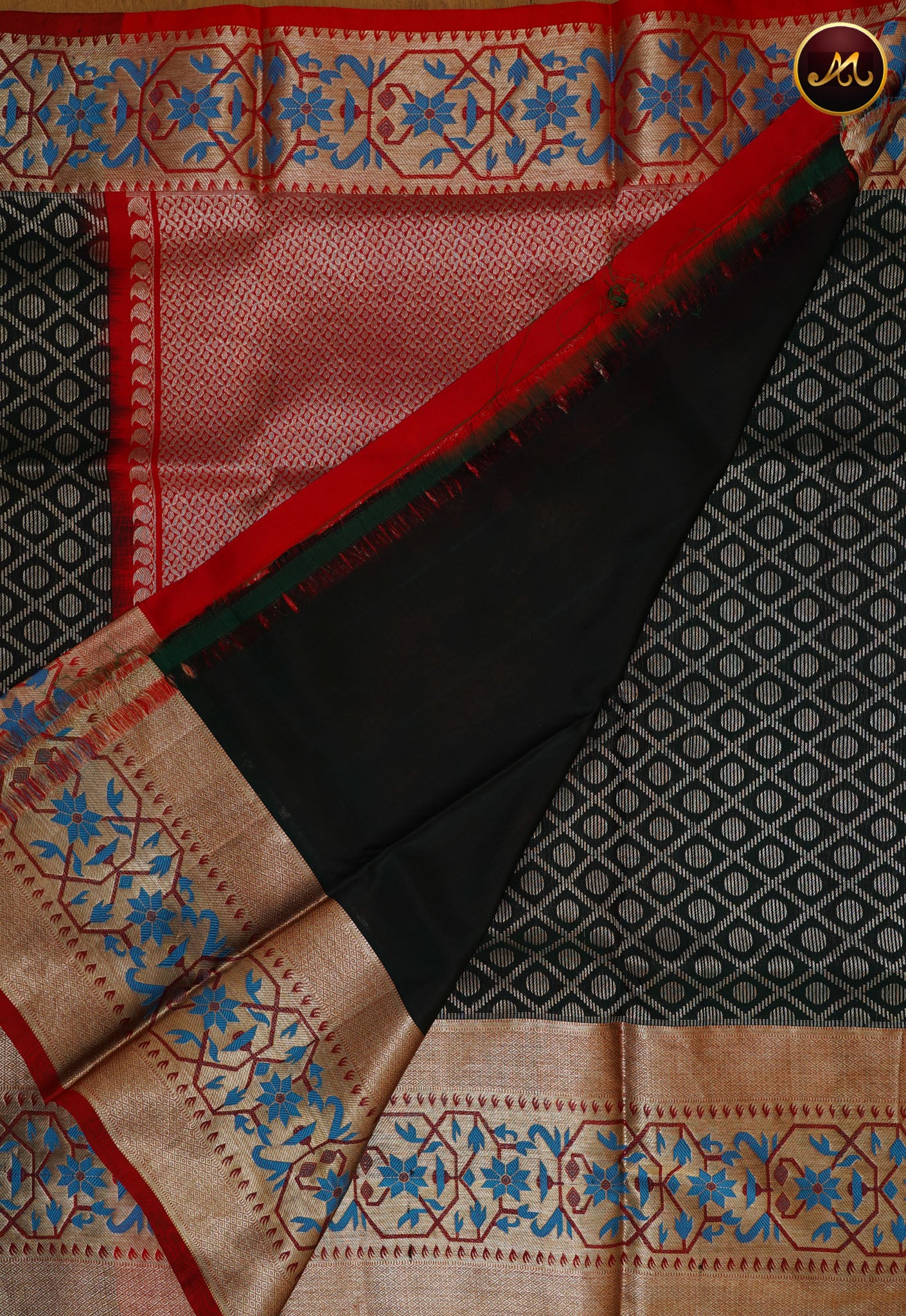 Venkatagiri Pure Silk Saree in Bottle Green and Red Combination with Paitani Gold Border