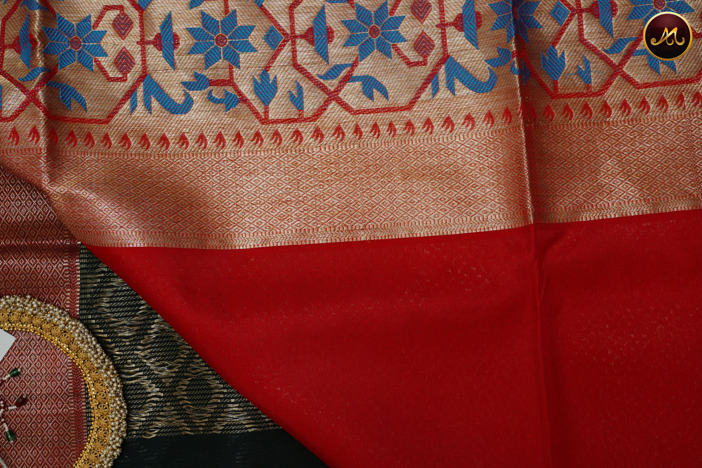 Venkatagiri Pure Silk Saree in Bottle Green and Red Combination with Paitani Gold Border