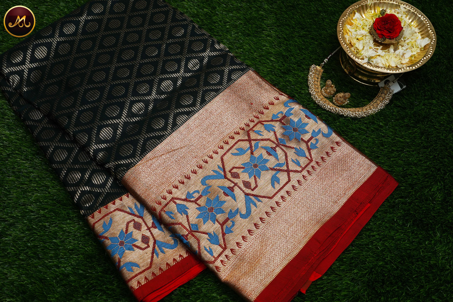 Venkatagiri Pure Silk Saree in Bottle Green and Red Combination with Paitani Gold Border