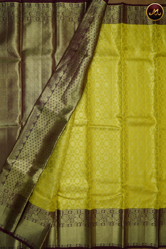 Kanchivaram Pure Tissue Silk Saree in  Lemon Yellow and Maroon Combination  with emboss work, long and short border and Rich Pallu
