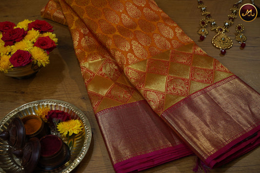 Kanchivaram Pure Silk Saree in Orange and Pink combination with brocade work, gold zari border and rich pallu