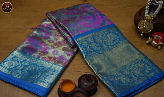 Kanchivaram Pure Silk Saree in Ice blue and ananda blue combination, brocade work, long and short border in gold zari anf rich pallu