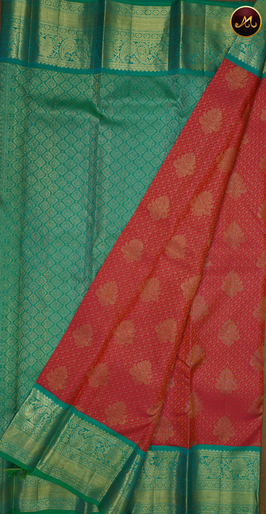 Kanchivaram Pure Silk Saree in peach orange with rama green combination with brocade work, gold zari border and rich pallu