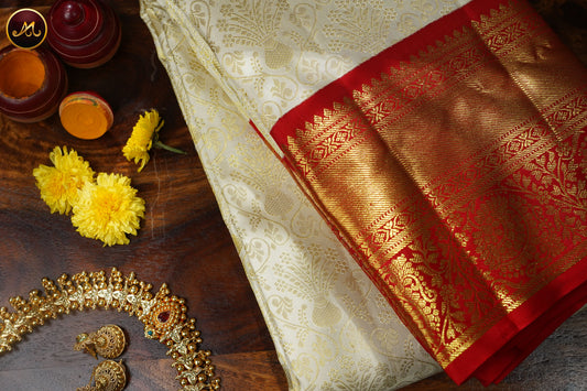 Kanchivaram Pure Silk Saree in white with red combination, brocade saree, long and short border
