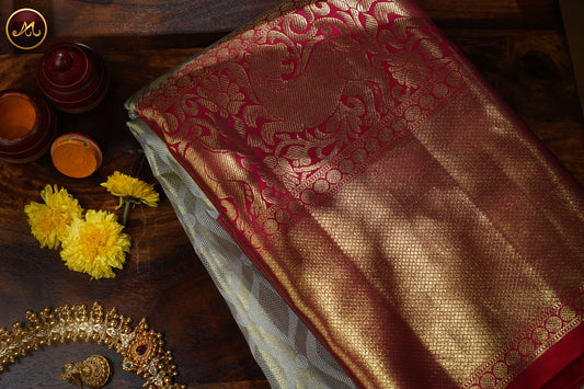 Kanchivaram Pure Silk Saree in light grey with maroon combination, kanchi tissue, long and short koaravai border, emboss