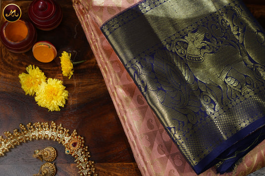 Kanchivaram Pure Silk Saree in ponds pink with royal blue combination, golden zari, koravai long and short border, emboss saree