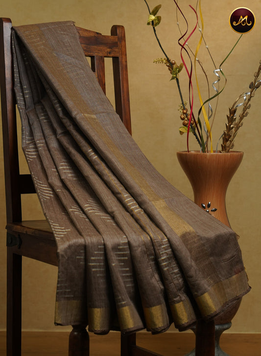 Bhagelpuri Cotton Saree in allself brown colour with silver and gold work all over the body and gold border