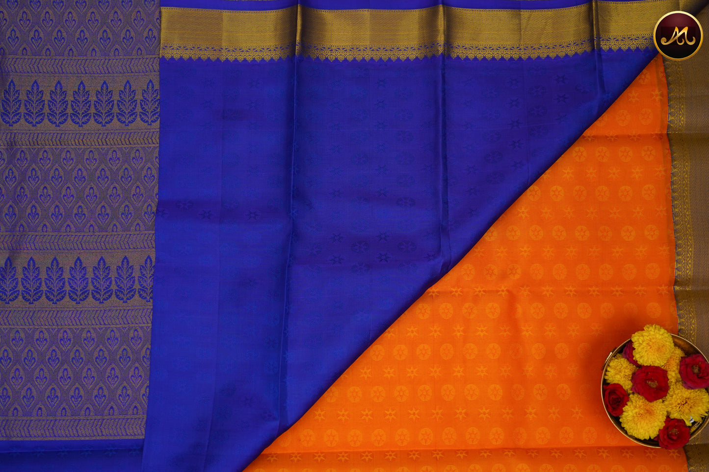 Pure Silk Kanchi Saree in Mango Yellow and Royal Blue combination with Rich kanchi border and Rich Pallu