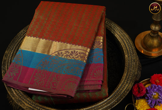 Pure Silk Kanchi Saree in all self Anjeer Green with Multicolour Border and Rich Pallu