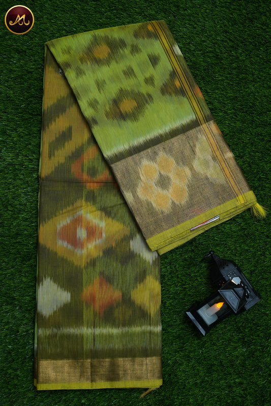 Pochampally Ikat Cotton Silk in Parrot Green and Mahendi Green Combination with Temple Border